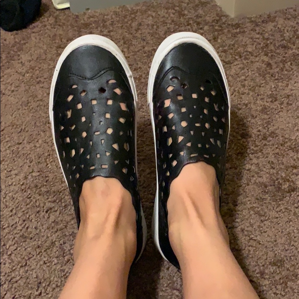 Leather geometric mesh slip on sneakers